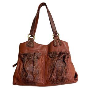 Chi by Carlos Falchi Lambskin Leather Shoulder Bag Brown Pockets Floral Interior